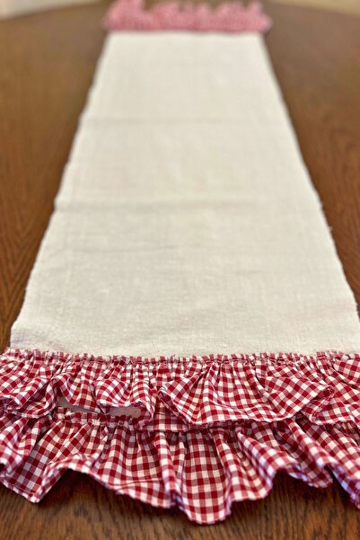 BERRİN KİBAR Kırmızı Küçük Kare Desen Pötikareli Ham Bez Runner, Masa Örtüsü, Dekoratif Örtü, 35x110 Cm