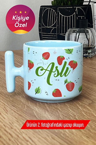 Hedizu Kişiye Özel Çilek Desenli Pastel T Kulplu Kupa Bardak Mavi Doğum Günü ...