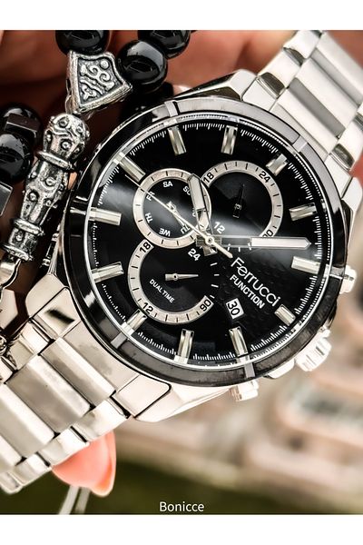 Ferrucci Functions Active, Silver Color Steel Band, Black Dial Men's Wrist Watch+ Rosary Bracelet