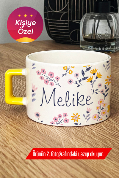 Hedizu Kişiye Özel İsim Yazılı Lüks Fincan Sarı Çiçek Desenli -9- M3M C0O