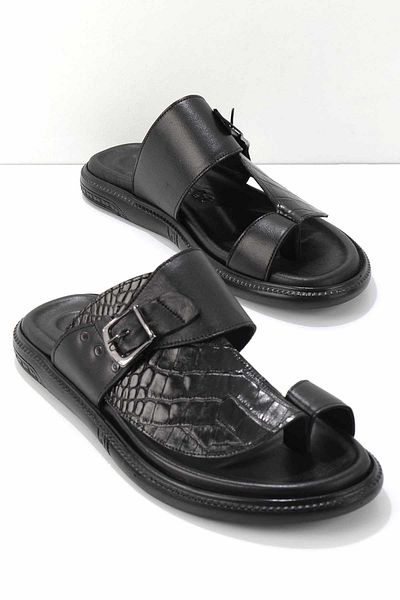 Bambi Black Croco Genuine Leather Men's Slippers E 04322038411