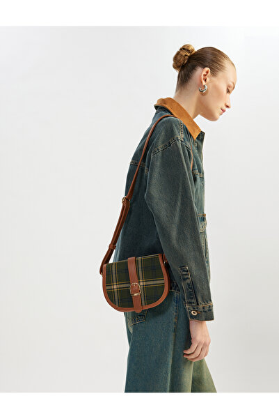 Koton Plaid Crossbody Bag with Metal Accessories