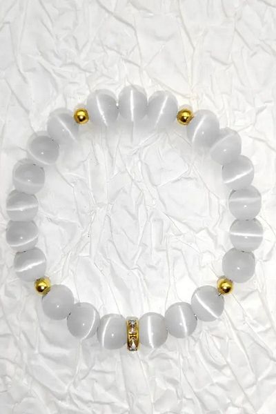 NBS Beautiful Naturel Stones Selenite Natural Stone Bracelet 8 mm (Evil Eye, Ambient Positive, Life Joy)