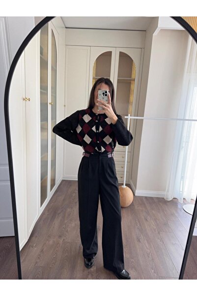 perastore Bordo Biyeli Kendinden Kemerli Siyah Kumaş Pantolon