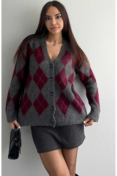 yeditepe fashion Women's V-Neck Raised Patterned Knitwear Cardigan