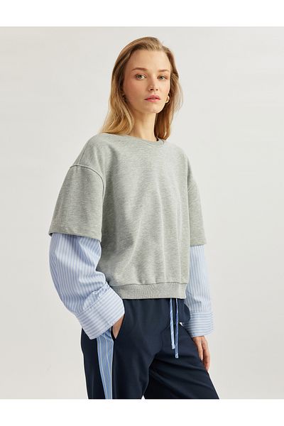 Koton Double Layer Detailed Cuffed Long Sleeve Crew Neck Striped Sweatshirt
