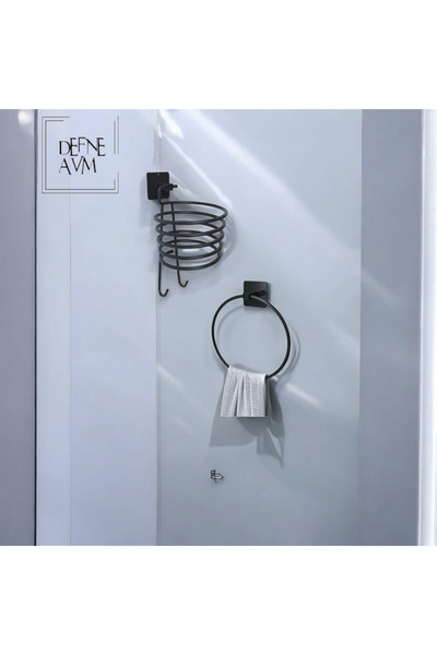 DEFNE AVM Yapışkanlı Siyah Fönlük, Fön Askısı/ Yapışkanlı Siyah Yuvarlak Havluluk