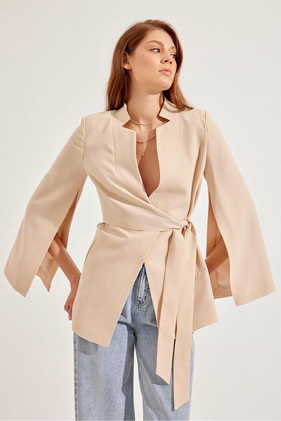 Setre Light Beige Sleeve Detailed Waist Tie Detailed Jacket