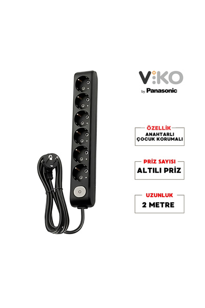 VİKO Altılı Çoklu Priz, Anahtarlı, Uzatma Kablosu, 6lı, 2m, Siyah