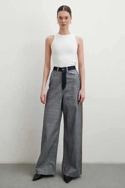 Never more High Waist Wide Leg Reverse Stitching Jeans Navy Blue