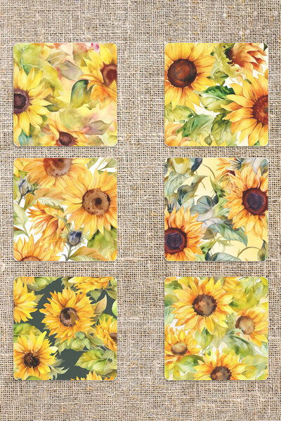 qoeuyl boutique Nature Themed Sunflowers Printed Set of 6 Decorative Wooden S...