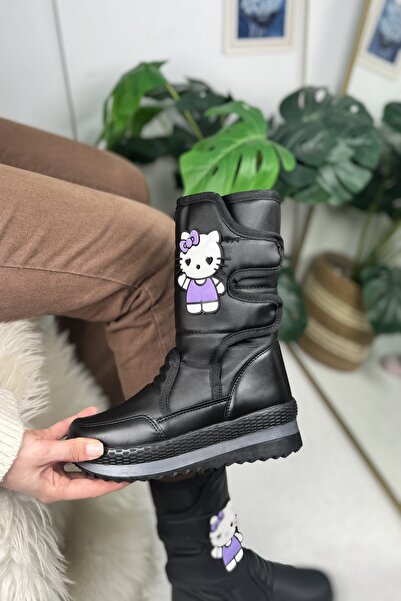 Allyup Unisex Yetişkin Çocuk Siyah Kar Botu İçi Kürklü Cırt Cırtlı Kaymaz Taban Ayakkabı 802