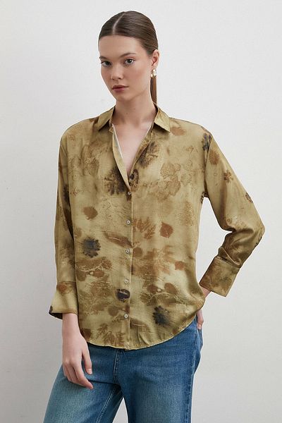 Never more Khaki Patterned V-Neck Shirt