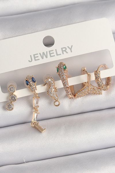 E BULURUM Brass Gold Color Hanging Zircon Stone Snake Model Multi Figure Women's Earring Set