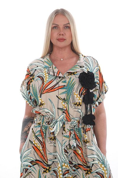 etselements X MODAPO Plus Size Viscose Summer Dress - Buttoned and Belted Floral Print