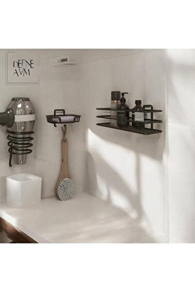 DEFNE AVM طقم أسود مكون من 3 أرفف لاصقة لتنظيم الحمام مع خطاف لاصق وطبقة صابون مربعة الشكل