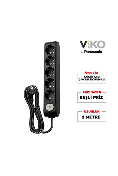 VİKO | Beşli Grup Priz, Anahtarlı Topraklı - Çocuk Korumalı Çoğaltıcı Priz, 5'li, 2 m, Siyah