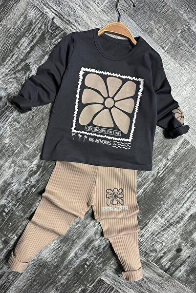 Minigimin Cicileri Set fetiță cu nervuri de culoare bej - Imprimeu floral și ...