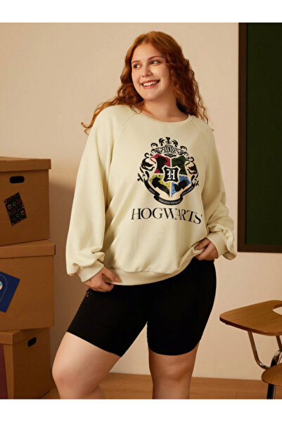 AEMİ Unisex Harry Potter Baskılı Bisiklet Yaka Bej Sweatshirt