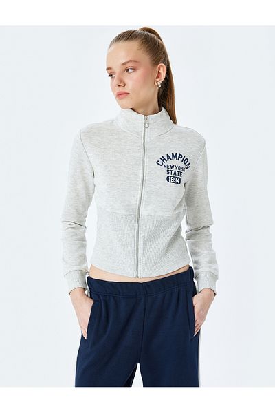 Koton Raised College Printed Stand Collar Long Sleeve Zip-Up Sweatshirt