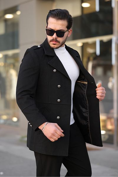 Mero Life Ανδρικό παλτό με κουμπιά νέας σεζόν με λεπτή εφαρμογή με διπλό στήθος μαύρο κασμίρ παλτό