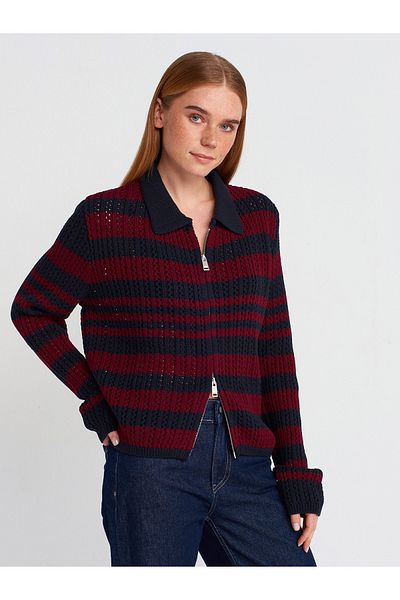 Dilvin 60962 Polo Neck Striped Zippered Knitwear Cardigan-Navy-Claret Red