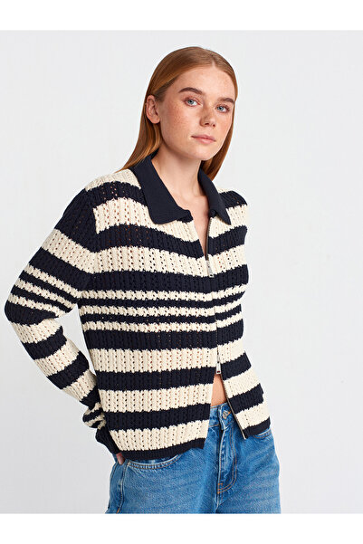 Dilvin 60962 Polo Yaka Çizgili Fermuarlı Triko Hırka-Laci-Ekru