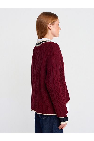 Dilvin 60950 V-Neck Striped Buttoned Pocket Knitwear Cardigan-Claret Red-Ecru