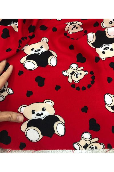 turkanlarhome Imported Viscose Fabric 100% Cotton Double Redest Teddy Bear Pattern