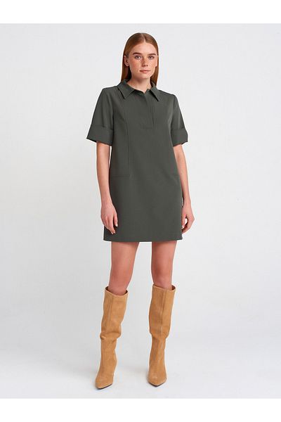 Dilvin 90912 Model Khaki Polo Neck Dress