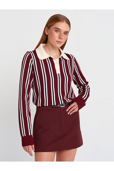 Dilvin 10711 Polo Neck Striped Buttoned Thin Knitwear Sweater-Burgundy-Cream