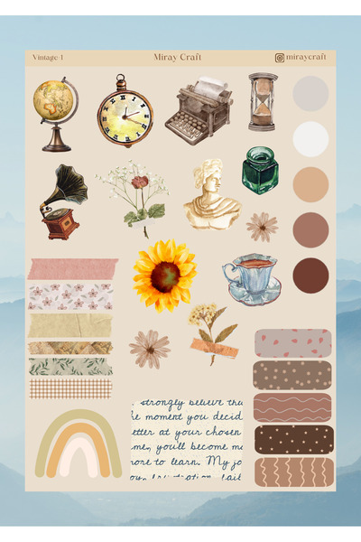 MirayDesign 140+ parça 5 sayfa (12x17 cm) Vintage Sticker Başlangıç Seti/Bullet Journal, Scrapbook, Ajanda, Planlayıcı, Defter Için