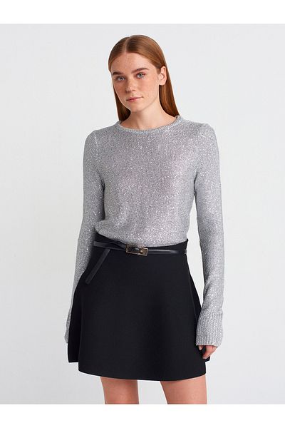 Dilvin 10699 Crew Neck Sequin Lined Knitwear Sweater-Gray