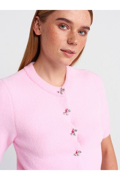 Dilvin 60284 Crew Neck Soft Textured Buttoned Knitwear Cardigan-Pink
