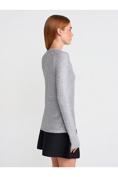 Dilvin 10699 Crew Neck Sequin Lined Knitwear Sweater-Gray