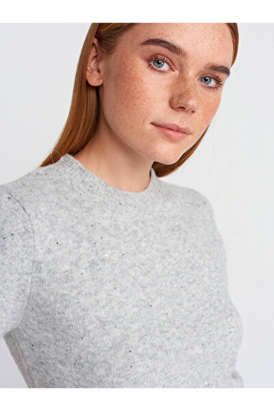 Dilvin 10703 Crew Neck Sequin Glitter Sweater-Gray