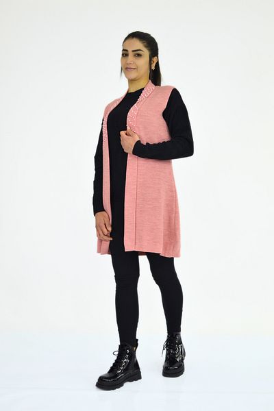 Tuğra Long Sleeveless Vest with Collar Pearls