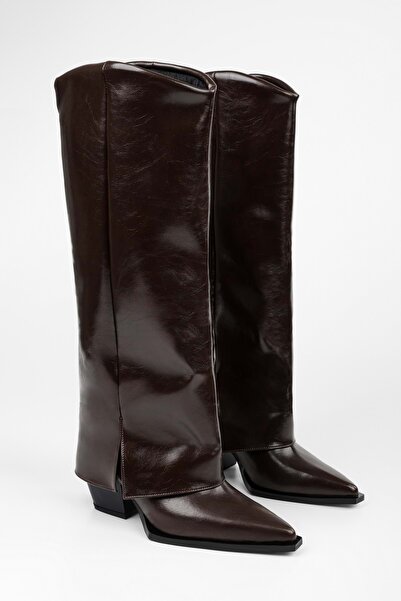 Shoeberry Γυναικείες μπότες Texas Brown Shiny Cowboy με λεπτομέρεια κολάν