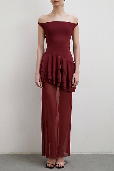 Never more Burgundy Tulle Dress - Neck Straps and Ruffles