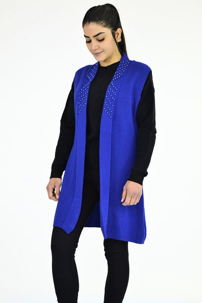 Tuğra Long Sleeveless Vest with Collar Pearls