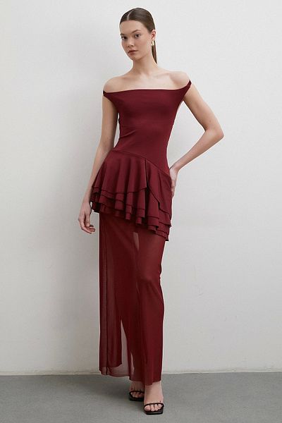 Never more Burgundy Tulle Dress - Neck Straps and Ruffles