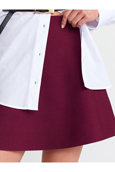 Dilvin 80123 Elastic Waist Knitwear Skirt-Claret Red