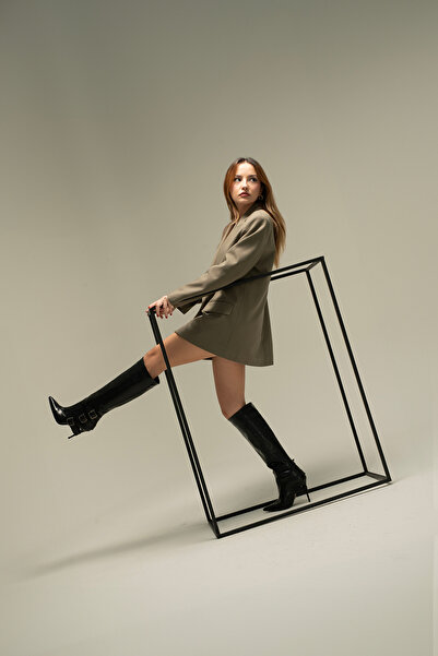 AYAKKABI PRENSİ Debi Üç Tokalı Siyah Mat Siyah 10 Cm Kadın Çizme, Topuklu Çizme