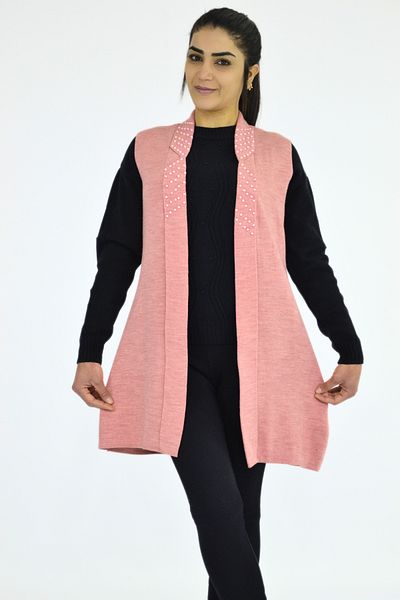 Tuğra Long Sleeveless Vest with Collar Pearls