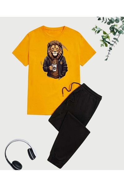 cm buseyiz Mixed Print Basic T-Shirt & Ribbed Bottom Boys' Bottom - Top Set
