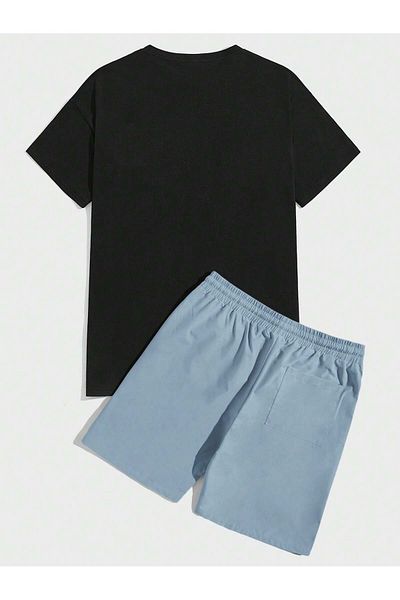 aynewmoda Robotic Bear Graphic Unisex Short Sleeve T-Shirt and Lace up Waist Shorts - Going Out