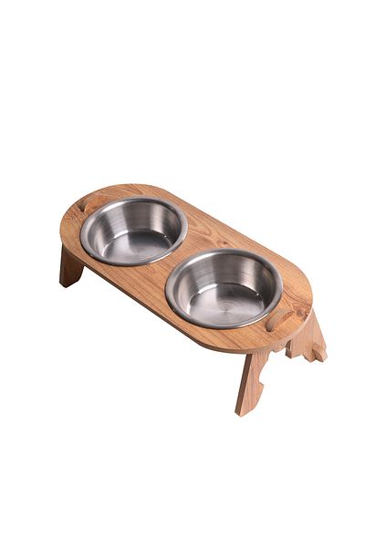 RealWood Cat & Dog Water and Food Container Stand - Wooden Mdf - Slanted Double Oval Model-Steel Bowl-2*350Ml