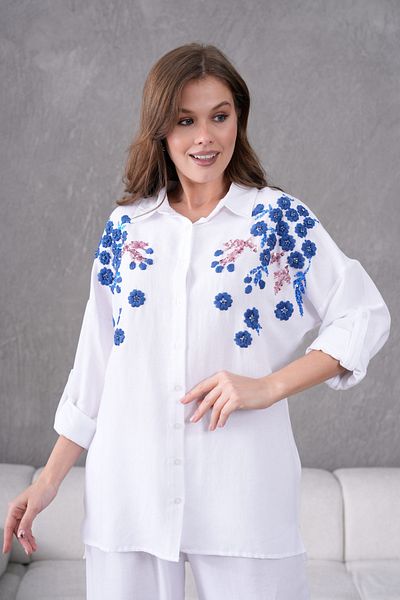 MVStore Women's Floral Print Embroidery Embroidered Linen Oversize Shirt and Pants