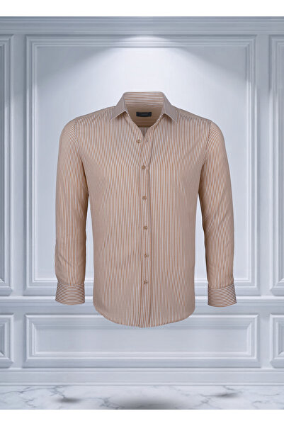 Todth Kolay Ütülenebilen Dört Mevsim Modern Fit Yumuşak Dokulu Bej Beyaz Çizg...