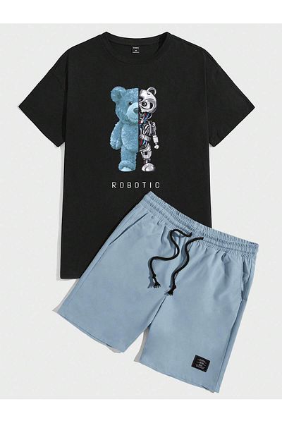 aynewmoda Robotic Bear Graphic Unisex Short Sleeve T-Shirt and Lace up Waist Shorts - Going Out
